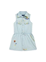 Little Girl's & Chambray Embroidered Sleeveless Romper