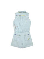 Little Girl's & Chambray Embroidered Sleeveless Romper