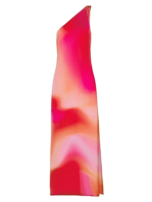 Coralina Satin Tie-Dye One-Shoulder Cover-Up Dress