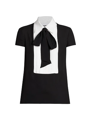 Two-Tone Silk Tie-Neck Blouse