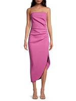 Audrina Gathered Strapless Asymmetric Midi-Dress