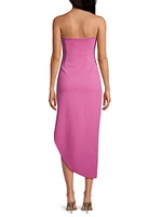 Audrina Gathered Strapless Asymmetric Midi-Dress