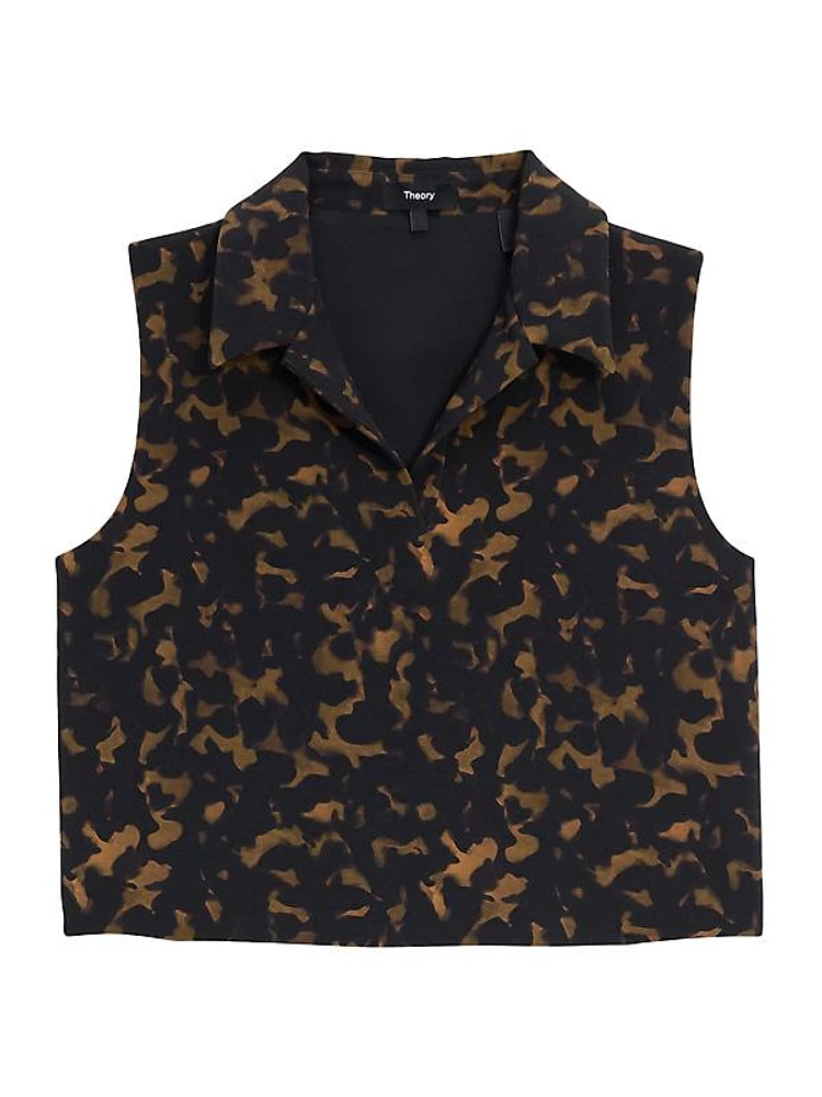 Tortoiseshell Crepe Cropped Polo Top