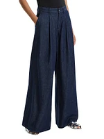 Pleated Wide-Leg Denim Pants