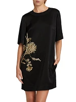 Beaded Floral Hammered Satin Shift Dress