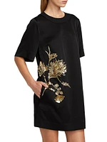 Beaded Floral Hammered Satin Shift Dress