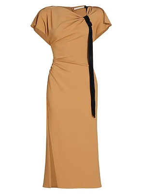 Draped Neck Tie-Detail Crepe Dress