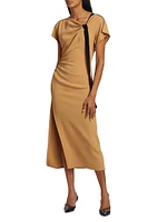 Draped Neck Tie-Detail Crepe Dress