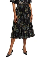 Forest Floral Chiffon Pleated Midi-Skirt