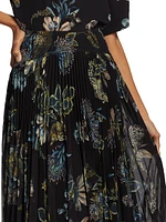 Forest Floral Chiffon Pleated Midi-Skirt