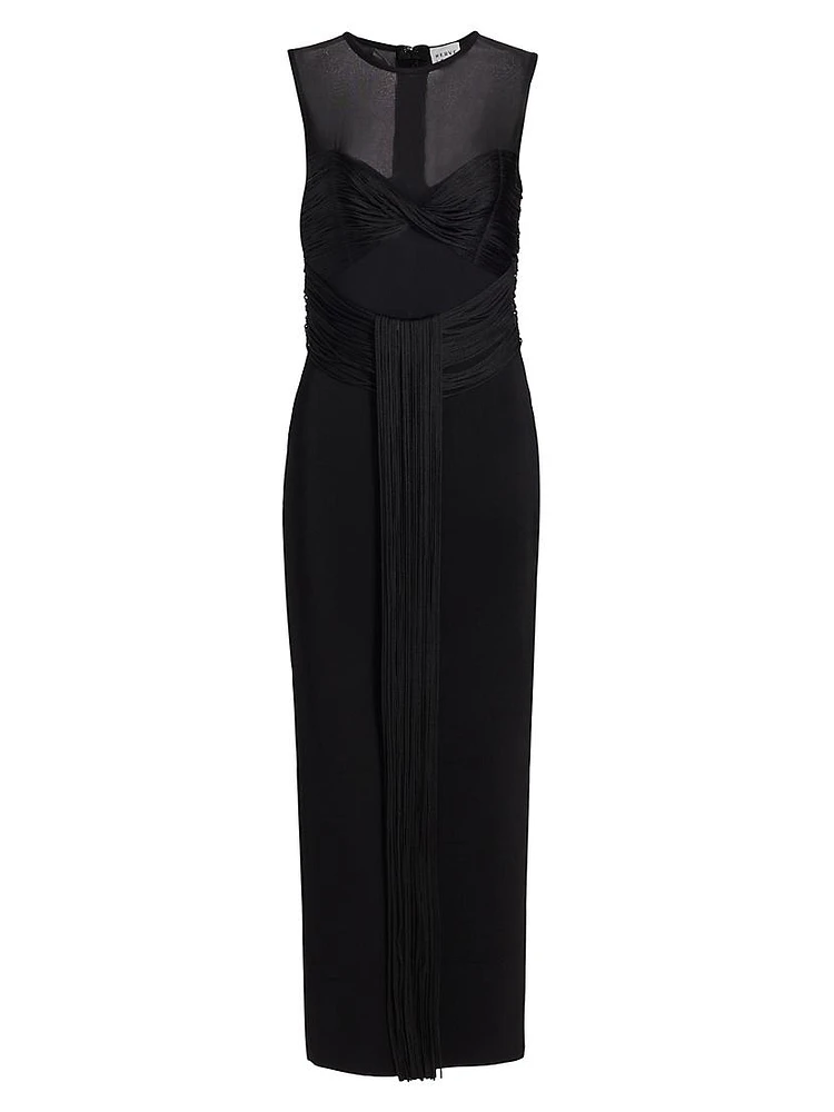 Nina Mesh Paneled Fringe Gown