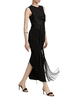 Nina Mesh Paneled Fringe Gown