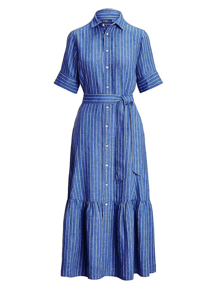 Belted Yarn-Dyed Stripe Linen Shirtdress