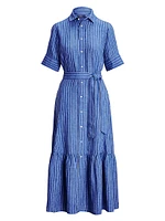 Belted Yarn-Dyed Stripe Linen Shirtdress