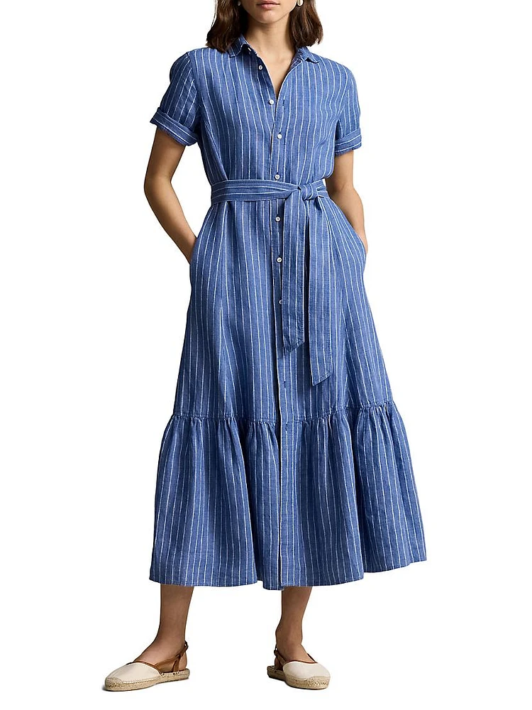 Belted Yarn-Dyed Stripe Linen Shirtdress