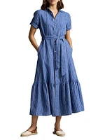 Belted Yarn-Dyed Stripe Linen Shirtdress