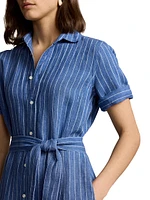 Belted Yarn-Dyed Stripe Linen Shirtdress