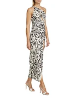 Drue Abstract Draped Asymmetric Midi-Dress