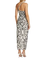 Drue Abstract Draped Asymmetric Midi-Dress