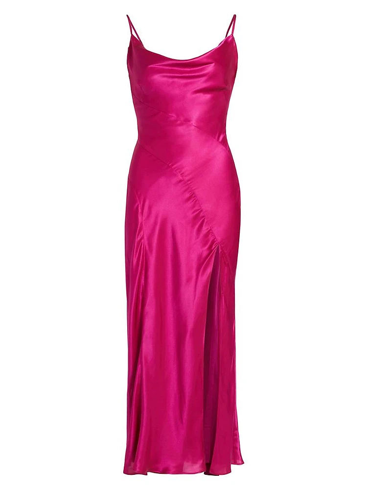 Lennon Satin Asymmetric Cowl Midi-Dress