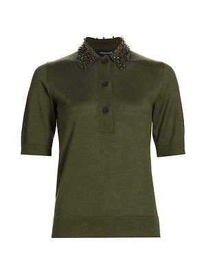 Embellished Collar Cashmere-Silk Polo Top