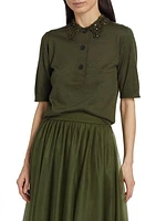 Embellished Collar Cashmere-Silk Polo Top