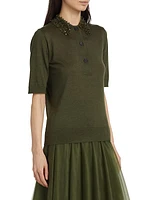 Embellished Collar Cashmere-Silk Polo Top