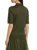 Embellished Collar Cashmere-Silk Polo Top