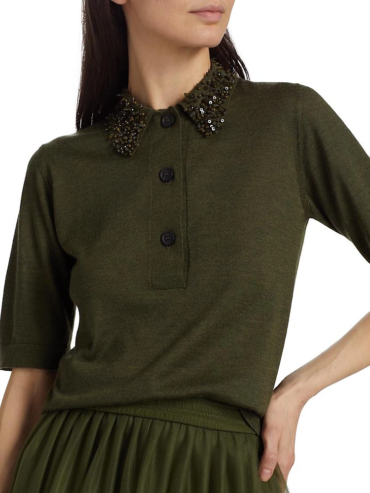 Embellished Collar Cashmere-Silk Polo Top