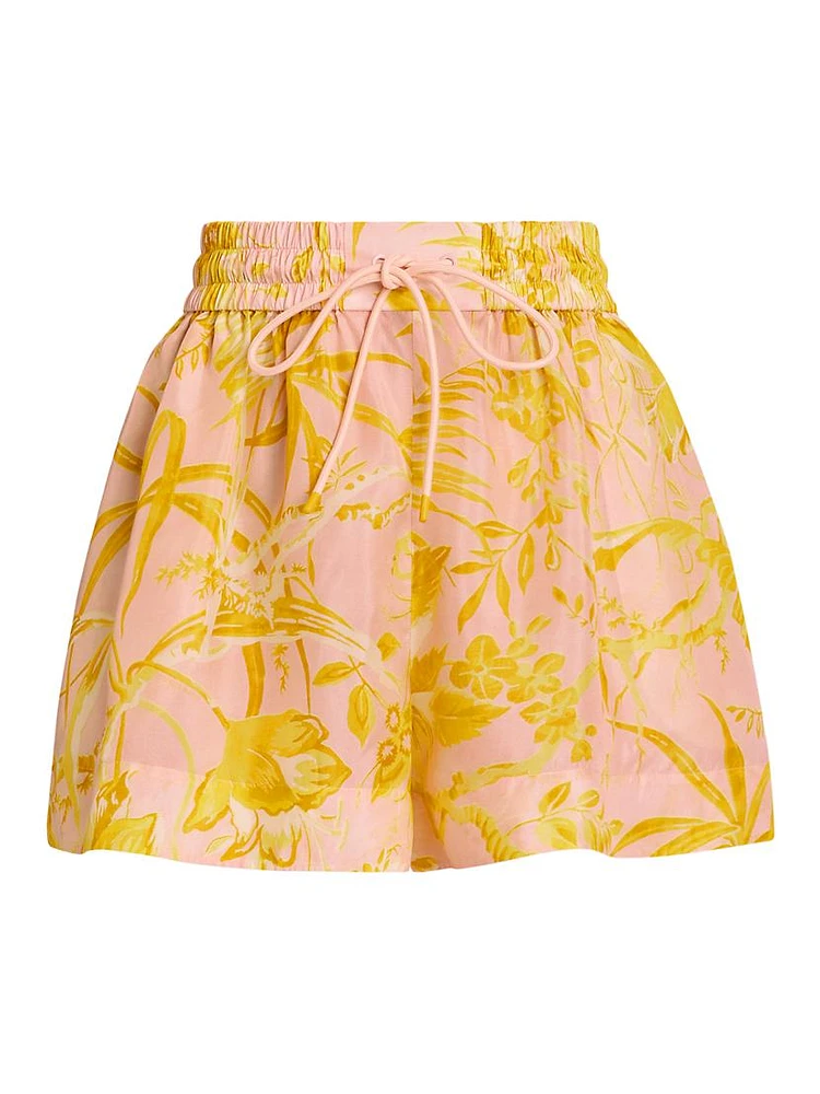 Golden Floral Silk Shorts