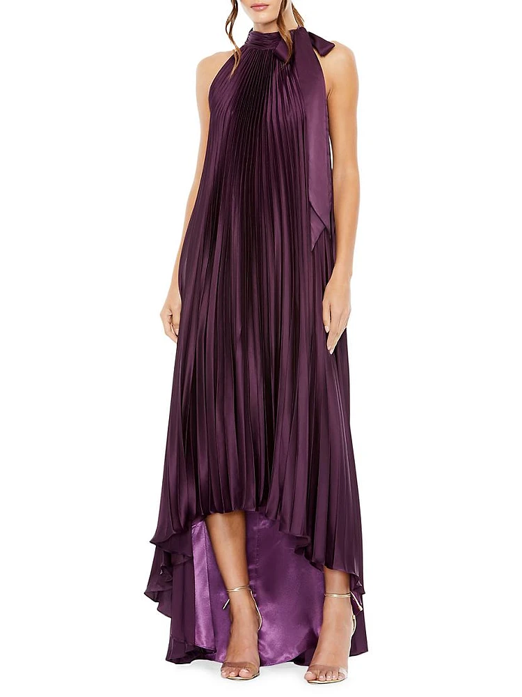 Pleated Halter High-Low Gown