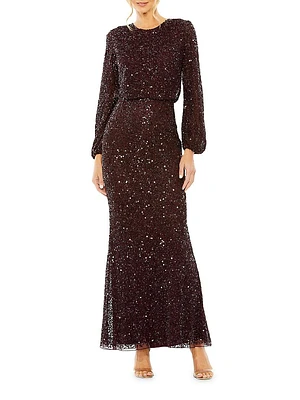 Sequined Blouson Column Gown
