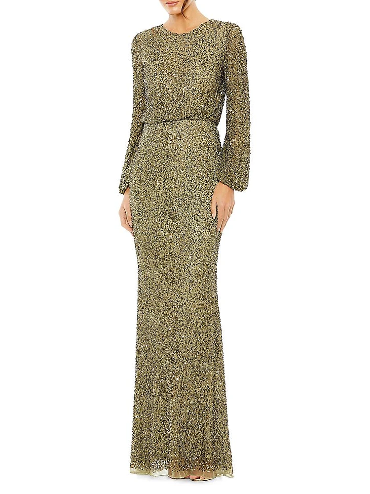 Sequined Blouson Column Gown