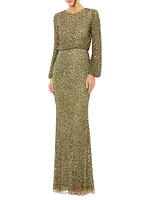 Sequined Blouson Column Gown