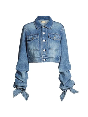 Bow-Cuff Cropped Denim Jacket