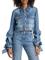 Bow-Cuff Cropped Denim Jacket