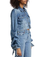 Bow-Cuff Cropped Denim Jacket