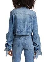 Bow-Cuff Cropped Denim Jacket