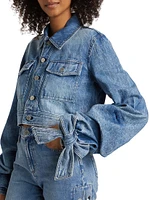 Bow-Cuff Cropped Denim Jacket