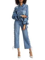 Bow-Cuff Cropped Denim Jacket