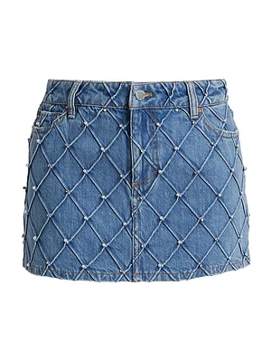 Joss Faux-Pearl Quilted Denim Miniskirt