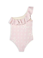 Little Girl's & Sea Starfish Print One-Shoulder One-Piece Swimsuit