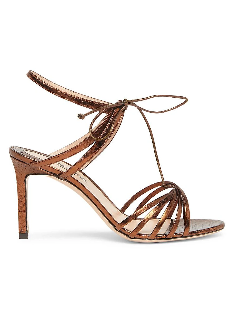 85MM Laminated Ayers Snakeskin & Leather Ankle-Wrap Sandals