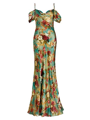 Kenna Floral Silk Off-the-Shoulder Gown