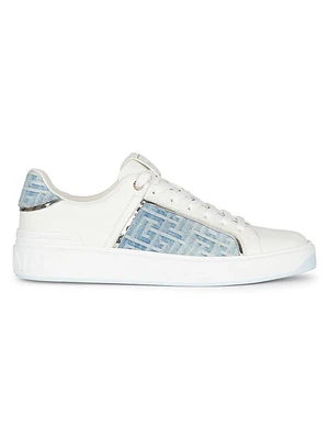 B-Court Logo-Monogrammed Denim & Leather Low-Top Sneakers