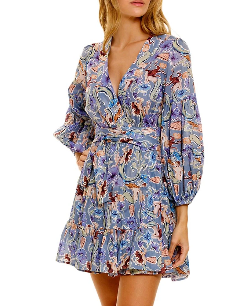 Eloise Calypso Mermaid-Print Cotton Tie-Waist Minidress