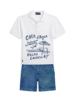 Little Boy's & Seagull Wave Embroidered Polo Shirt