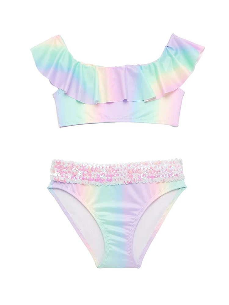 Little Girl's & 2-Piece Rainbow Ruffled Top Sequined Bottoms Bikini