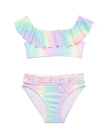 Little Girl's & 2-Piece Rainbow Ruffled Top Sequined Bottoms Bikini