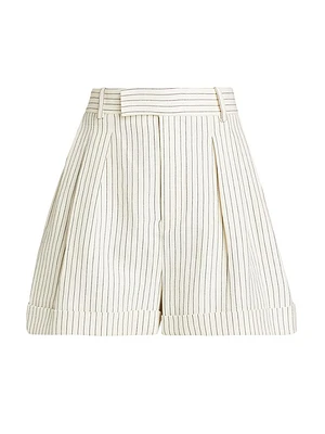 Pinstripe Cotton-Linen Pleated Shorts